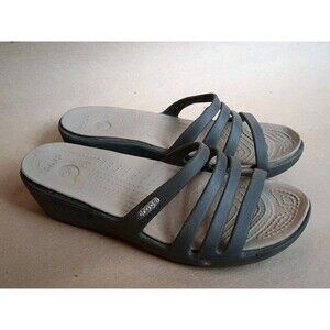 Crocs Women's Rhonda Wedge Sz 6 Black Tan Slide Sandals Comfortable Strappy
